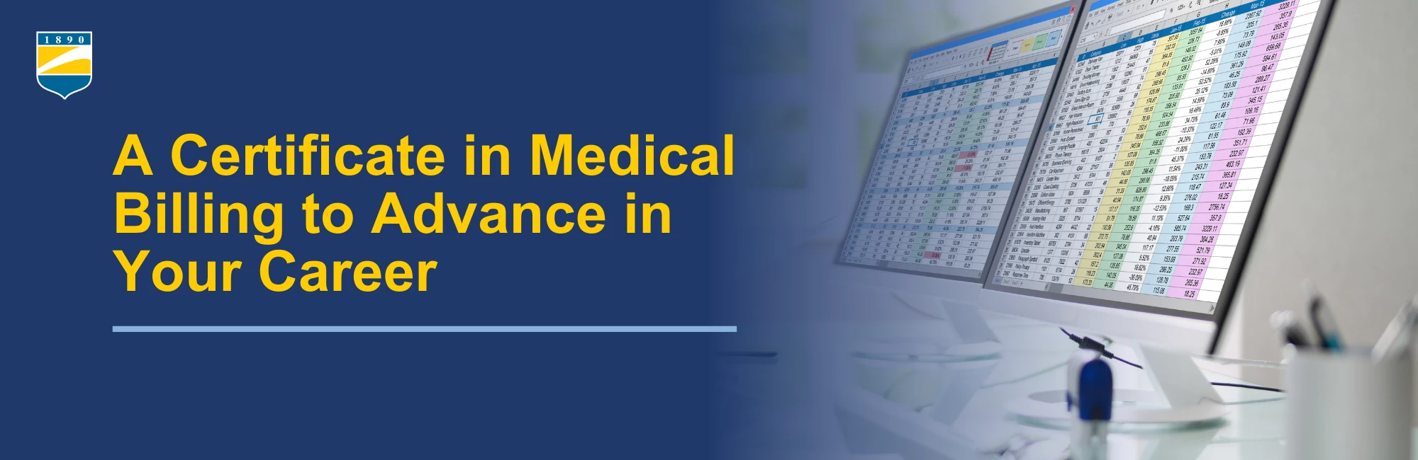 Picture on the right of monitor screens with medical bill codes. Text on the left reads: A Certificate in Medical Billing to Advance in Your Career