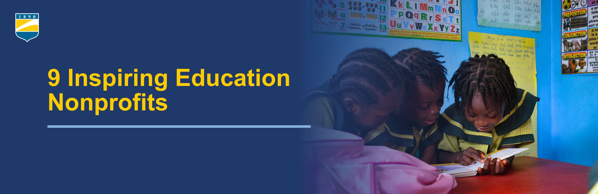 Text on the left reads: 9 Inspiring Education Nonprofits. Picture on the right shows three young Liberian girls reading a book.