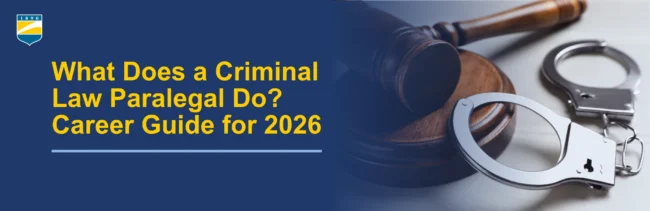 Text on the left reads: What Does a Criminal Law Paralegal Do? Career Guide for 2026. Image on the right shows a gavel and handcuffs.