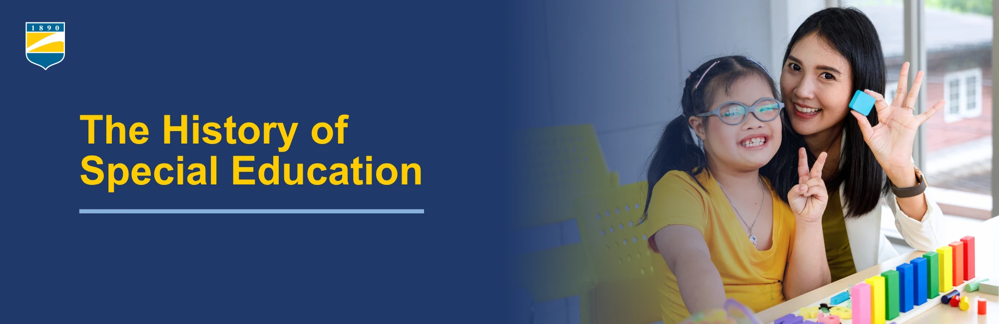 Text on the left reads: The History of Special Education. Image on the right shows a girl with Down Syndrome and her teacher with a puzzle.