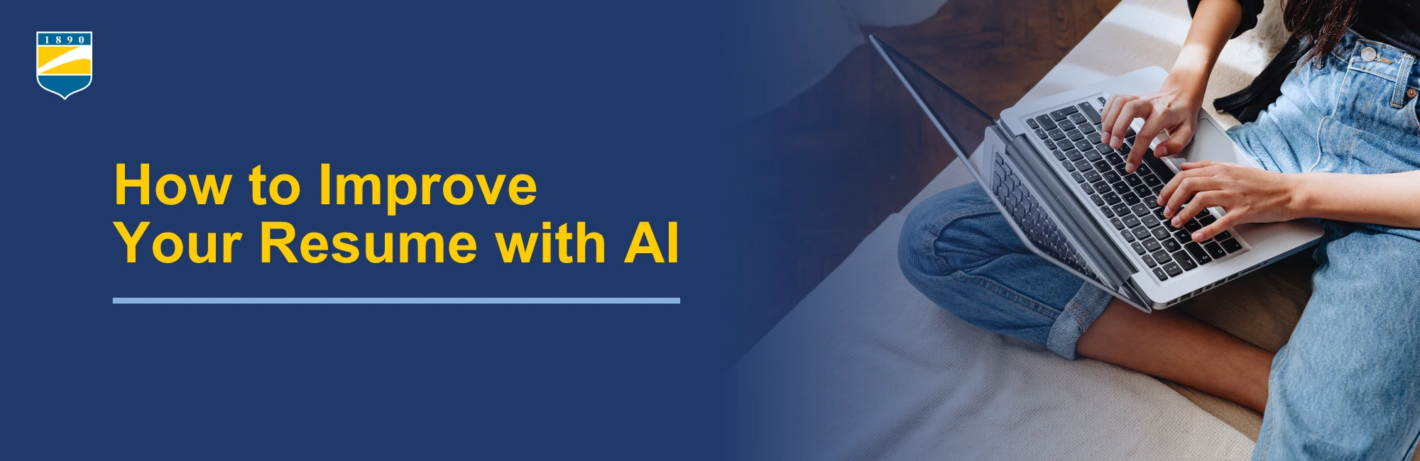 Text on the left reads: How to Improve Your Resume With AI. Image on the right shows a woman typing on a laptop.