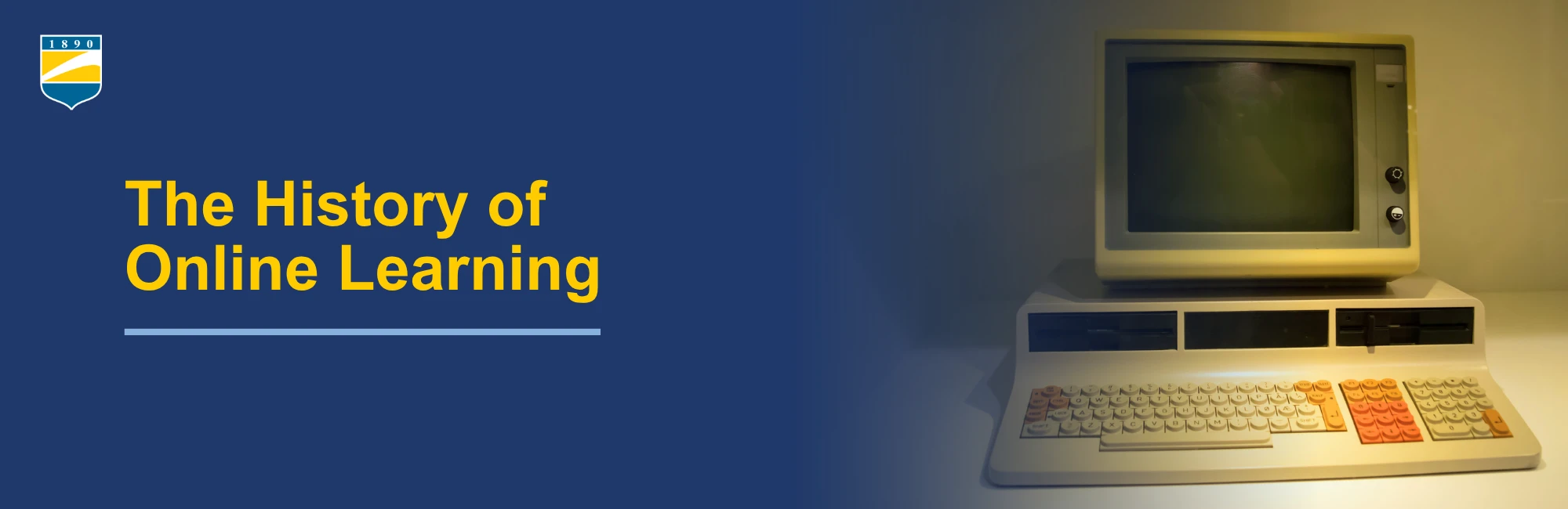 Text on the left reads: The History of Online Learning. Image on the right shows a retro computer.